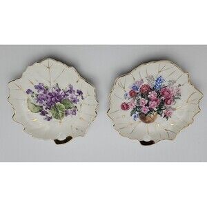 2 Vintage Leaf Plates w/Flowers & Gold Accents Made In Japan